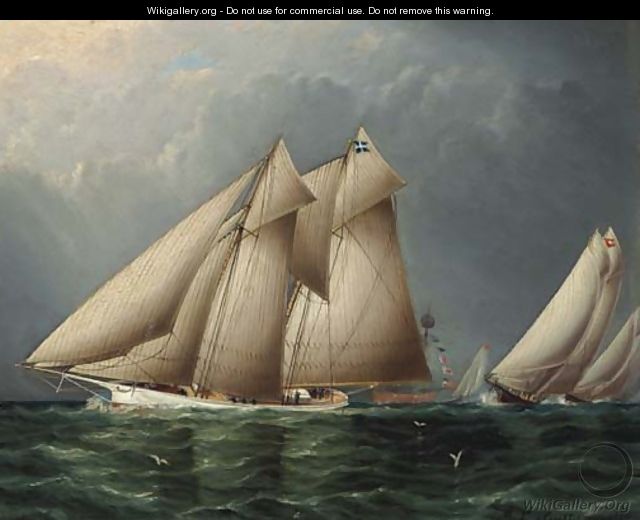 The Schooner Yacht Fenella Rounding Sandy Hook Lightship with Estelle Following - James E. Buttersworth