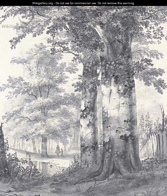 A wooded landscape with figures by a pond - James De Rijk