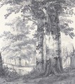A wooded landscape with figures by a pond - James De Rijk