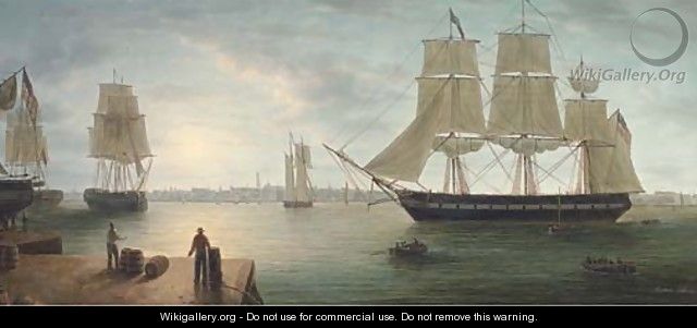 Merchant shipping in Boston Harbour at nightfall - James Hardy Jnr