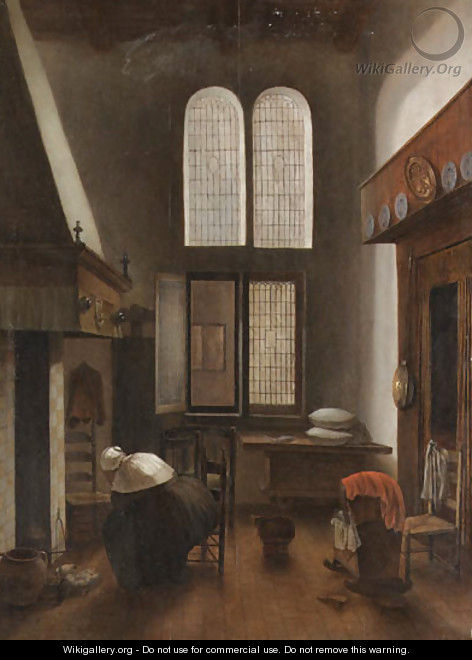 An interior of a house with a seated woman - Jacobus Vrel