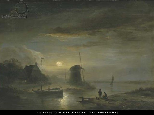 A moonlit river landscape - Jacobus Theodorus Abels