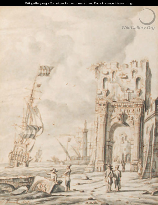 A Mediterranean harbour scene with figures by a gate, a Dutch man o