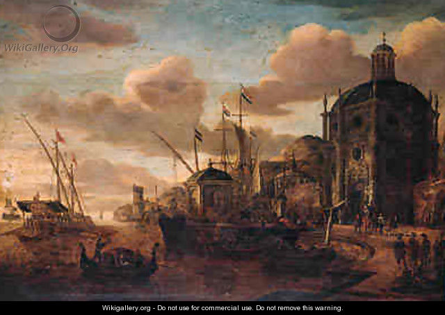 A Capriccio of a Mediterranean harbour with moored vessels by a quay, a galley at anchor beyond - Jacobus Storck