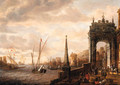 A Capriccio of a Mediterranean harbour with merchants and travellers on a quay by a gate, galleys and other shipping beyond - Jacobus Storck