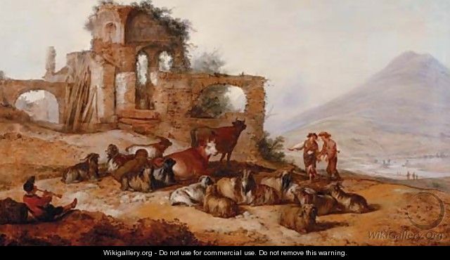 Peasants with livestock by classical ruins in an extensive landscape, with a youth playing a pipe in the foreground - Jacobus Sibrandi Mancadan