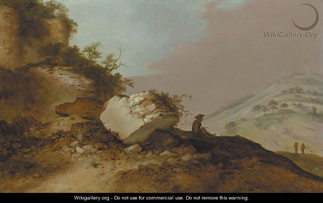 An extensive rocky landscape with a traveller resting on an outcrop below a castle - Jacobus Sibrandi Mancadan