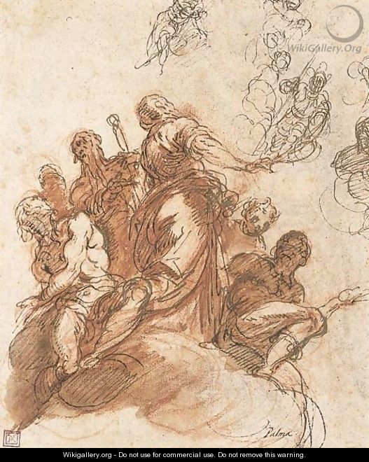 A group of figures on a cloud, with studies of other figures - Jacopo d