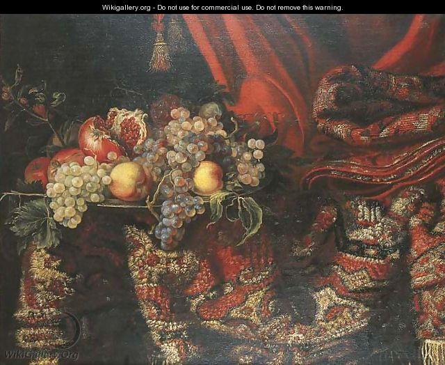 Grapes, peaches and pomegranates on a pewter platter by an oriental carpet - Jacques Hupin