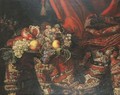 Grapes, peaches and pomegranates on a pewter platter by an oriental carpet - Jacques Hupin
