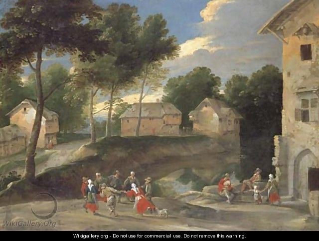 A village landscape with villagers dancing to the bagpipes - Jacques Fouquieres