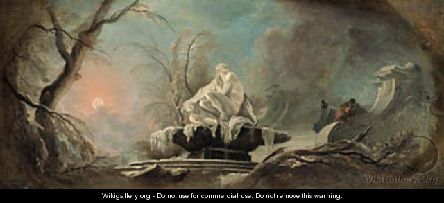 Winter a frozen fountain with figures on a staircase - Jacques de Lajoue