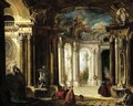 The interior of a baroque palace with elegant company conversing by fountains - Jacques de Lajoue