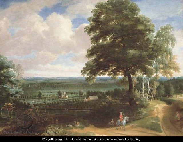 A panoramic landscape with a huntsman on a path and a manor house with formal gardens beyond - Jacques d
