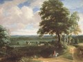 A panoramic landscape with a huntsman on a path and a manor house with formal gardens beyond - Jacques d' Arthois