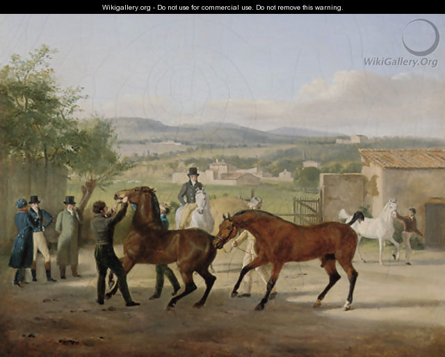 A stallion being led to a mare in a stable yard, a landscape with villas beyond - Jacques Laurent Agasse