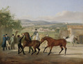 A stallion being led to a mare in a stable yard, a landscape with villas beyond - Jacques Laurent Agasse