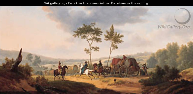 An extensive wooded landscape with cavalrymen escorting a wagon train - Joseph Swebach-Desfontaines