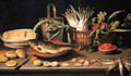 A fish on a terracotta platter with fruits, vegetables and a cheese - Jacob Fopsen van Es