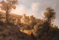 Travellers on a path in a mountainous landscape, a fortified town in the distance - Jacob De Villeers