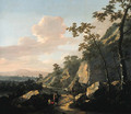 A rocky landscape with travelers on a path - Jacob De Heusch