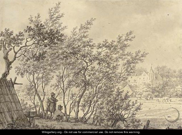 Two figures in a copse watching a bird trap, a castle beyond - Jacob Cats