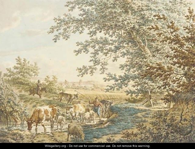 Cattle at a pond in a landscape - Jacob Cats