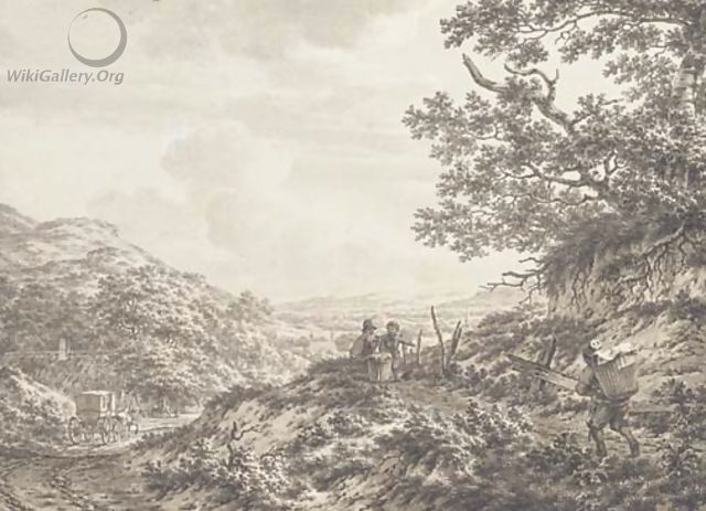An extensive hilly landscape with figures carrying baskets - Jacob Cats