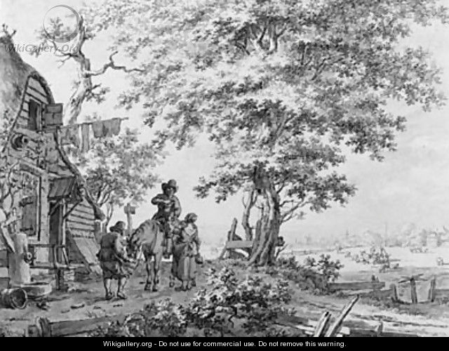 A couple offering a drink to a cavalier and his horse by a tavern - Jacob Cats