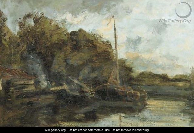 Moored sailing barges along a canal - Jacob Henricus Maris