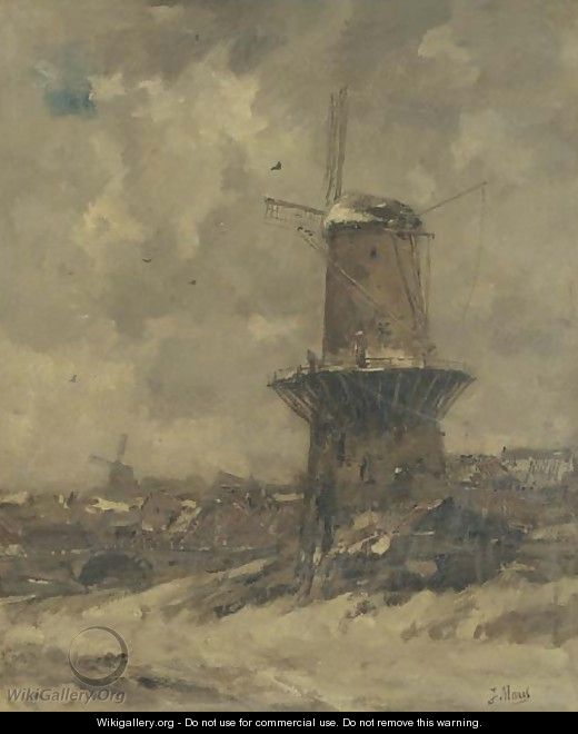 A windmill in the snow - Jacob Henricus Maris