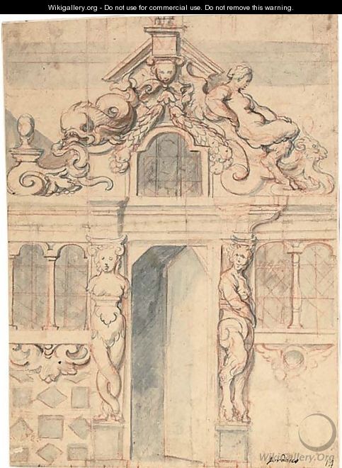 An elaborate facade with an open door flanked by a bacchante and a satyr - Jacob Jordaens