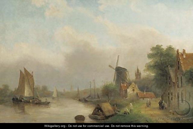 Shipping on a river by a village - Jan Jacob Coenraad Spohler