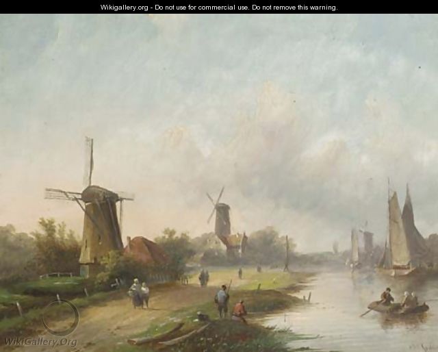 Summer windmills along a river - Jan Jacob Coenraad Spohler