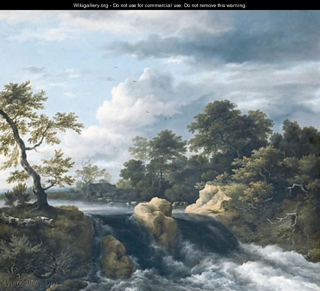 A river Landscape with a Waterfall - Jacob Van Ruisdael