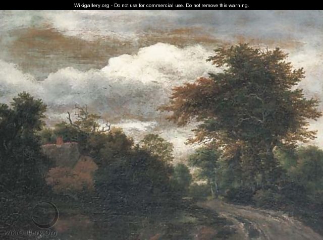 A wooded landscape with a traveller on a path by a pond - Jacob Van Ruisdael