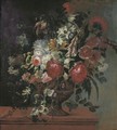 Roses, peonies, tulips, carnations, poppies and other flowers in a bronze vase on a ledge - Jacob Van Der Borcht