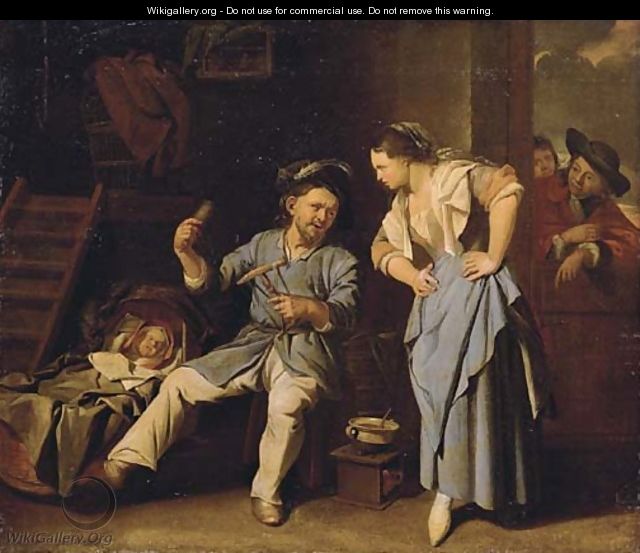 A man spinning yarn with a peasant woman and a baby in a wicker cot - Jacob Toorenvliet