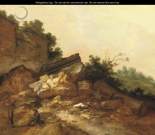 A rocky landscape with two peasants conversing near classical ruins - Jacobus Sibrandi Mancadan
