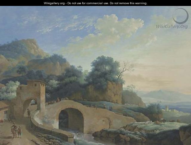 A mountain landscape with a bridge over a river in the foreground - Jacob Philipp Hackert