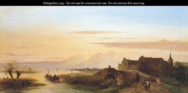 Figures by a bridge in an extensive river landscape at dusk - Jacobus Pelgrom