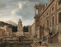 The Courtyard of a fantastical Palace with Figures gathered around a Fountain - Jacob Balthasar Peeters