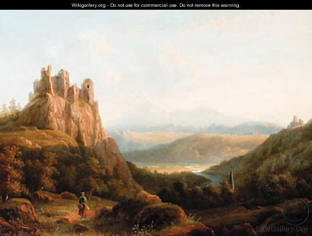 A ruin in a mountainous summer landscape - Jacobus Hendricus Johannes Nooteboom