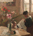 A sunlit interior with a mother sewing by a baby - Jacobus Frederik Sterre De Jong