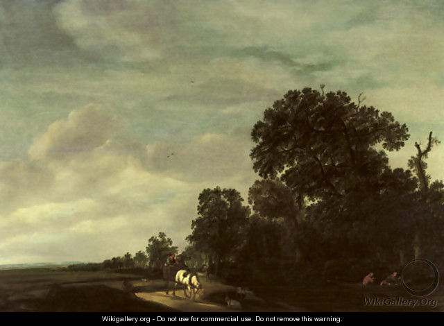 A wooded landscape with travellers in a horse-drawn cart on a path, figures in a rowing boat nearby - Jacobus Coert