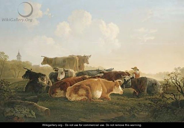 Cattle and a herder resting in a landscape - Jacob Van Stry