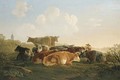 Cattle and a herder resting in a landscape - Jacob Van Stry