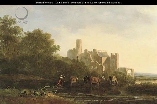 A drover herding cattle before a ruined castle - Jacob Van Stry