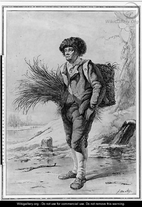 A Man on the Ice, wearing a basket on his back, holding a bundle of reed - Jacob van Strij