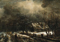 A winter landscape with peasants on a road and skaters on a frozen river, a cottage nearby - Jacob Van Ruisdael